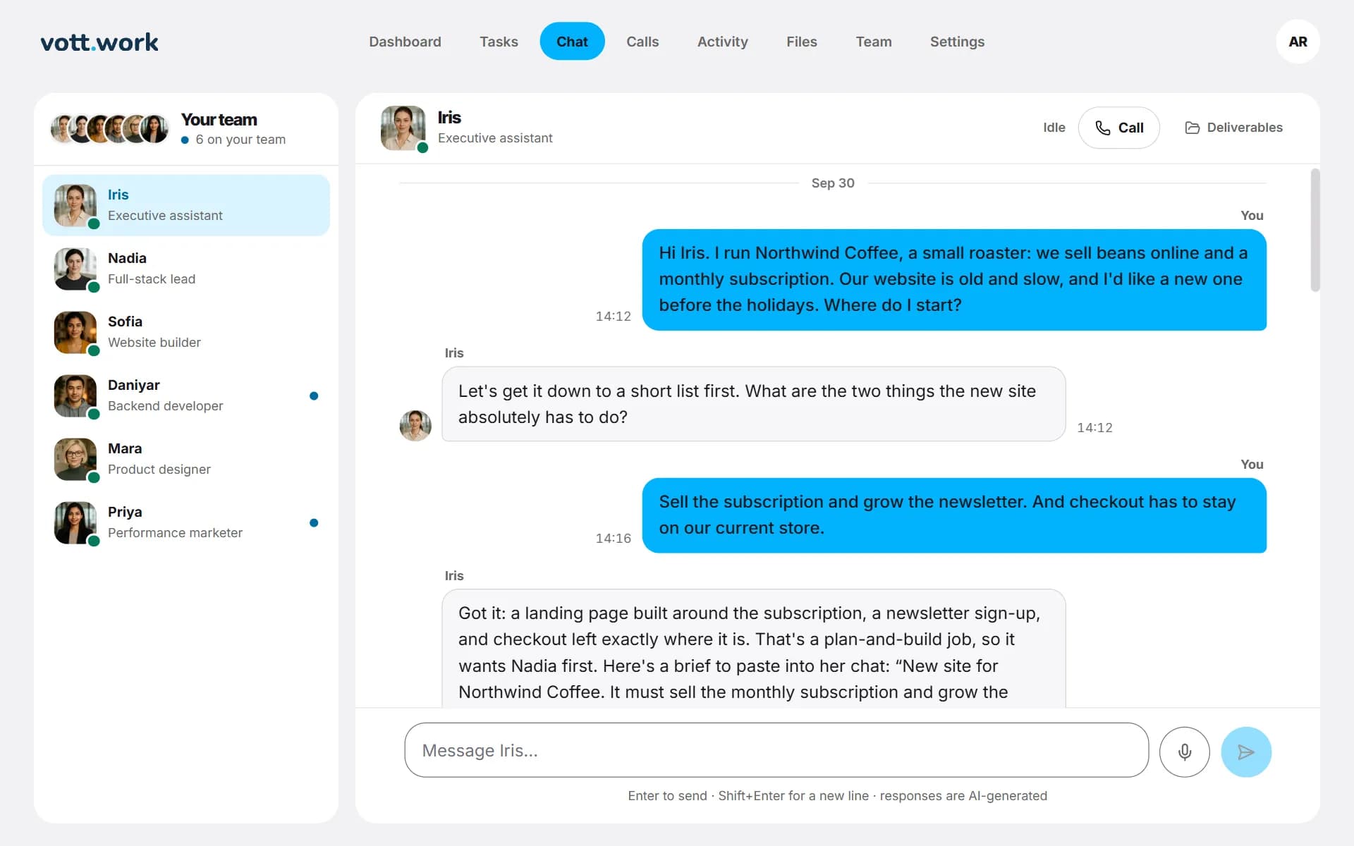 Chat with Iris: the team list on the left, the conversation in the middle, the message box at the bottom.
