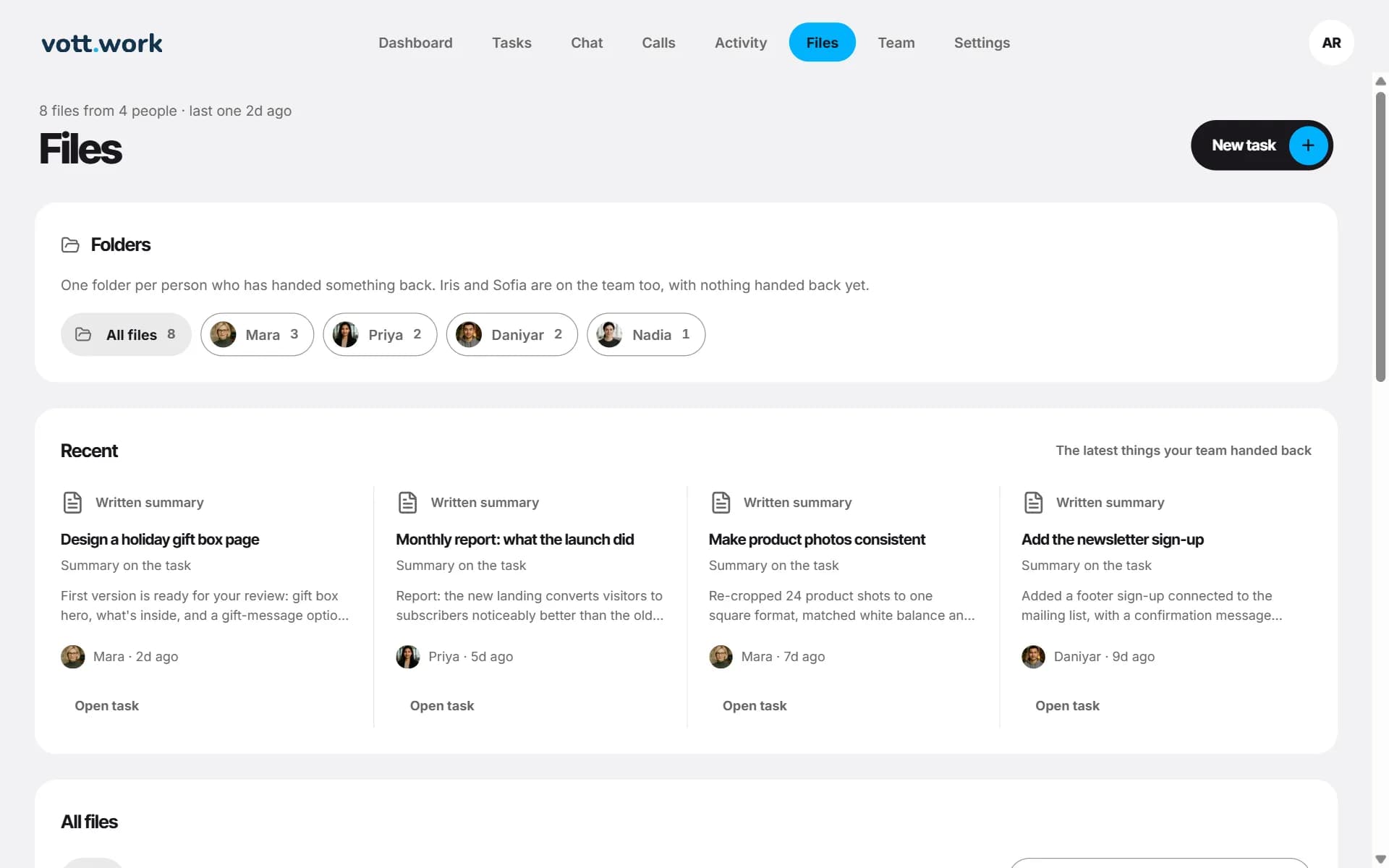 Files: folders by employee, recent items and the list of all files.