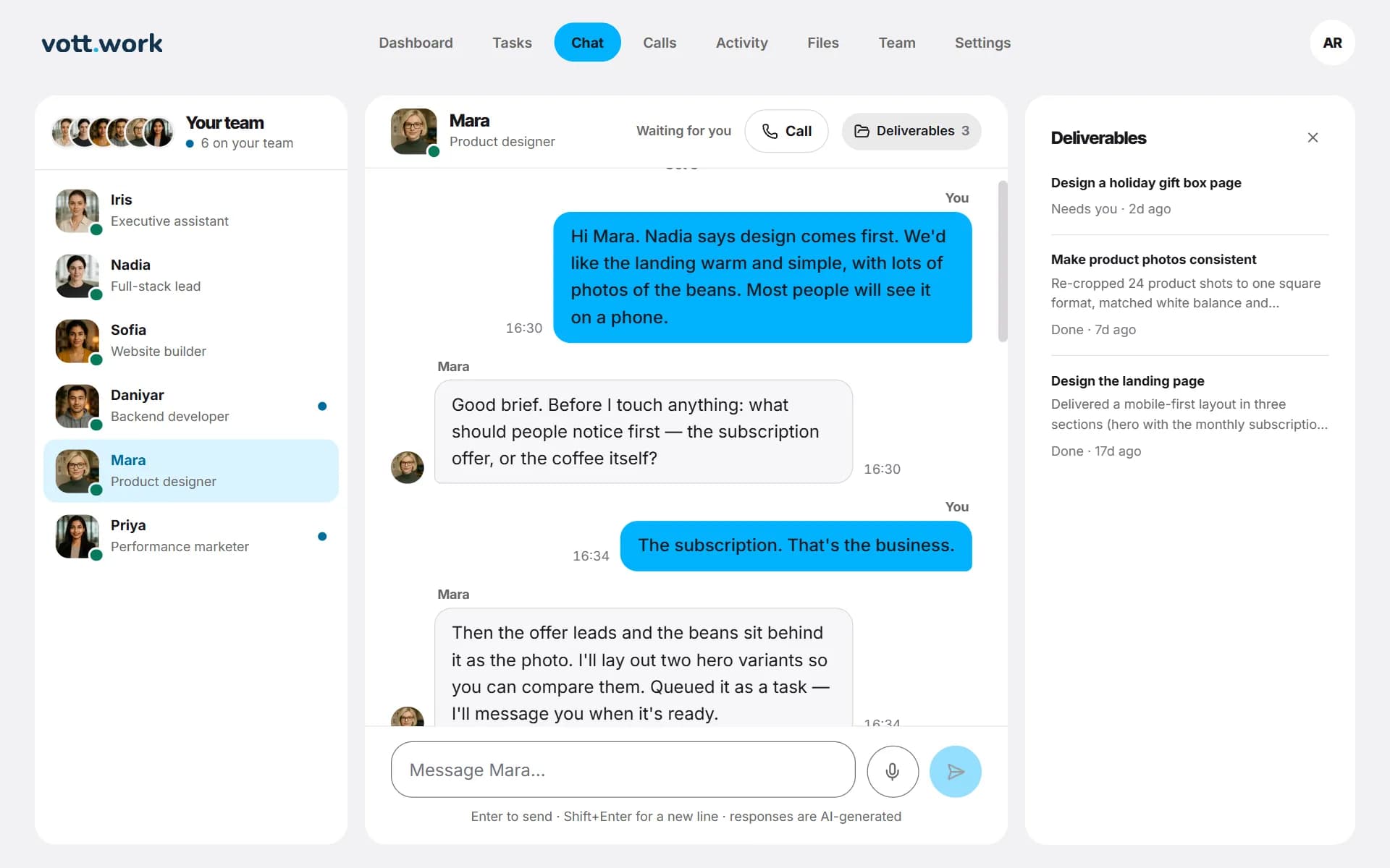 Chat with Mara, with the Deliverables panel open on the right.