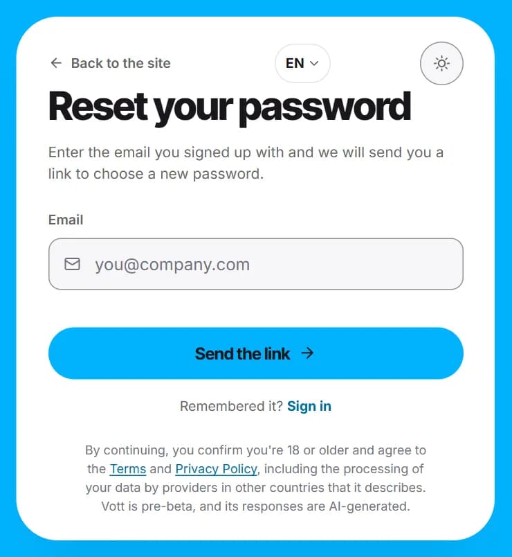 The page for resetting a password, with the email field.