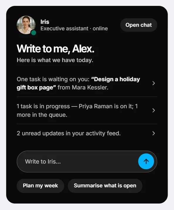 The Iris tile: her briefing, the Write to Iris box and the two quick requests.