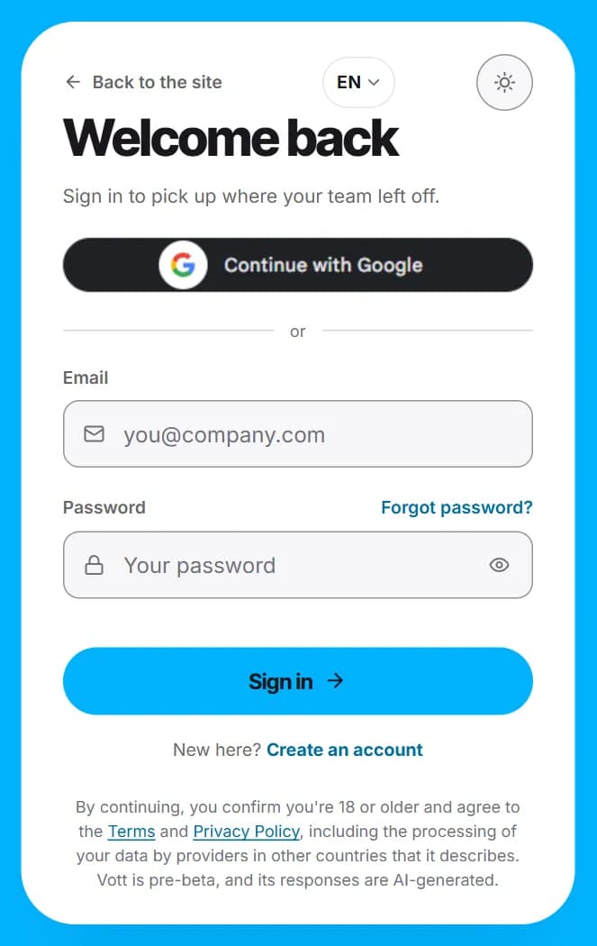 The sign-in page: Continue with Google, email, password and Forgot password?