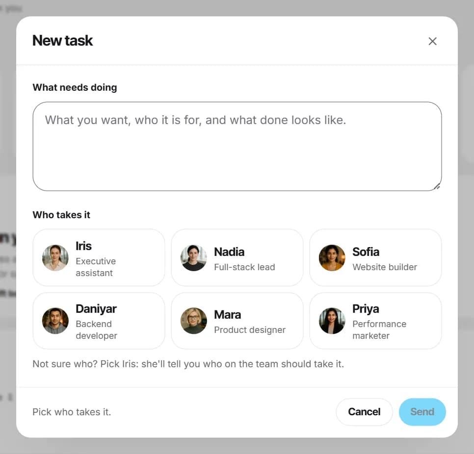 The New task window: What needs doing, Who takes it with the six employees, Cancel and Send.