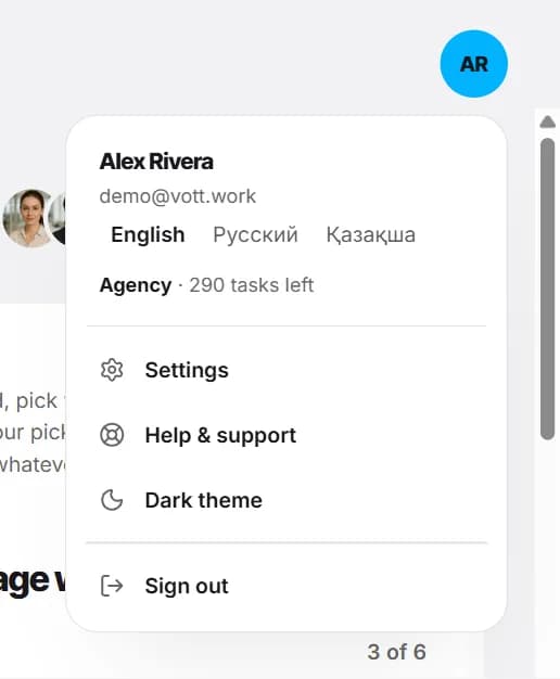 The account menu open under the initials: name, email, languages, plan, Settings, Help & support, Dark theme, Sign out.