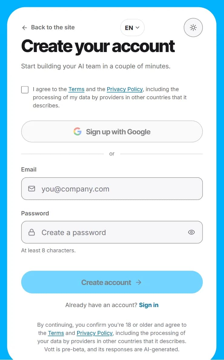 Create your account: the consent checkbox, Sign up with Google, and the email and password fields.