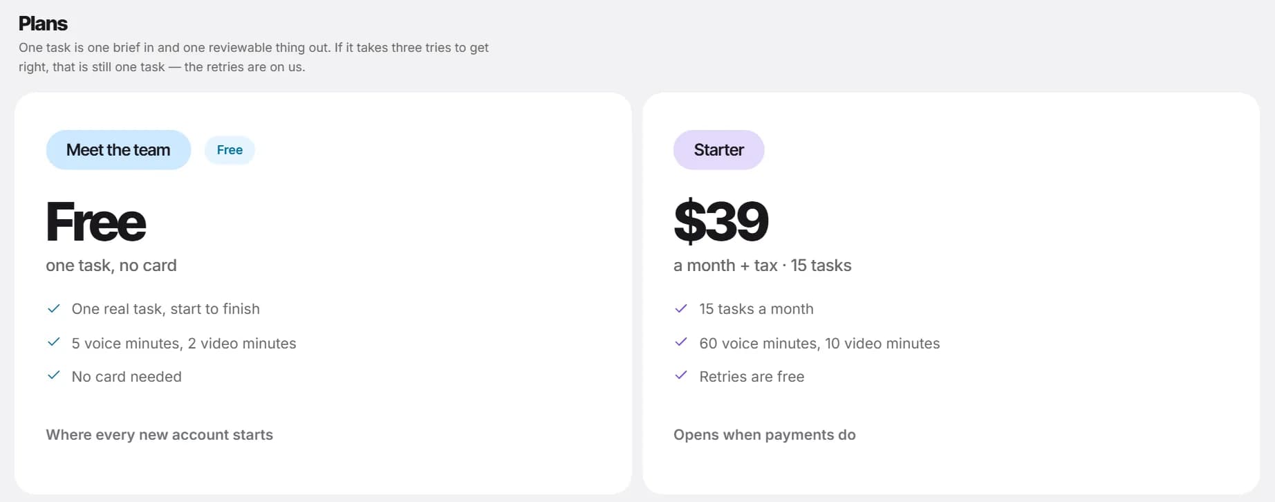Settings, Plans: the free plan and Starter, which says Opens when payments do.