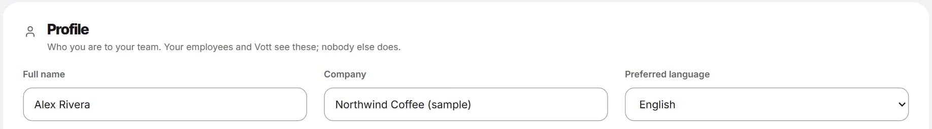Settings, Profile: Full name, Company and Preferred language.