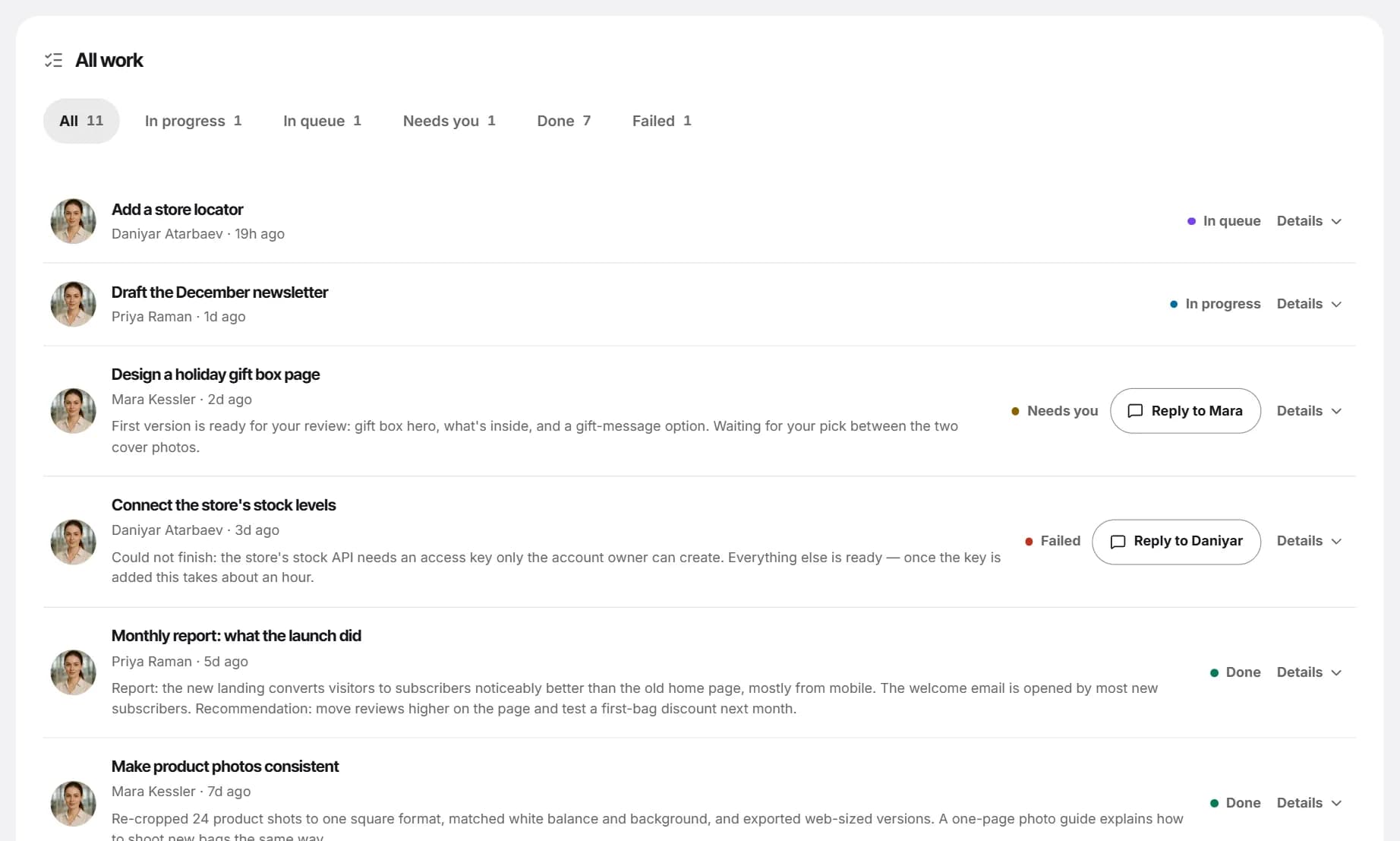 All work on the Tasks page: status chips and the list of tasks.