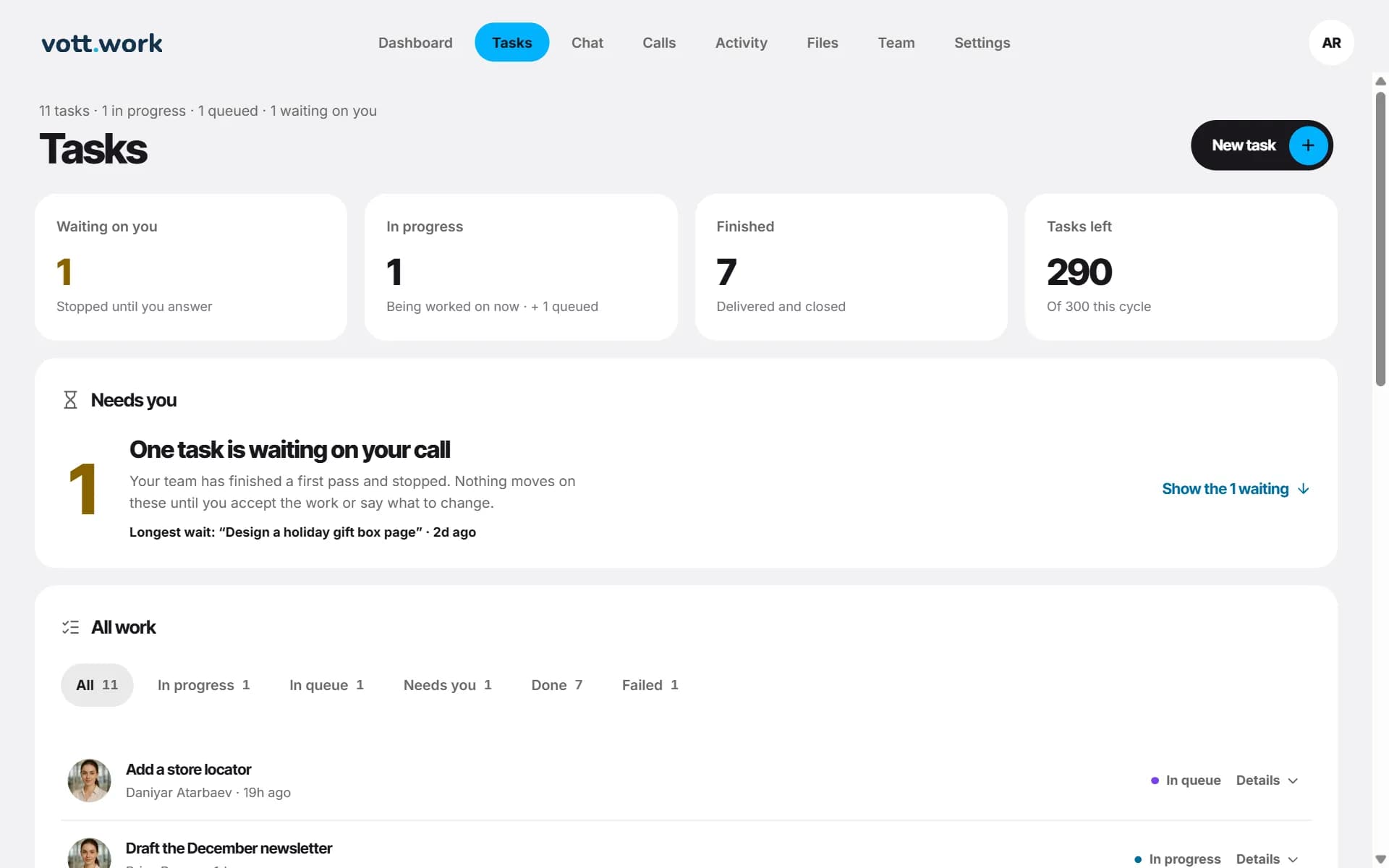 The Tasks page: Waiting on you, In progress, Finished and Tasks left, and the Needs you block with Show the 1 waiting.