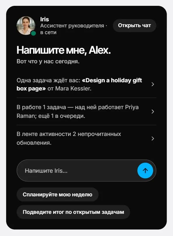Плитка Iris: её сводка, поле «Напишите Iris…» и две быстрые просьбы.