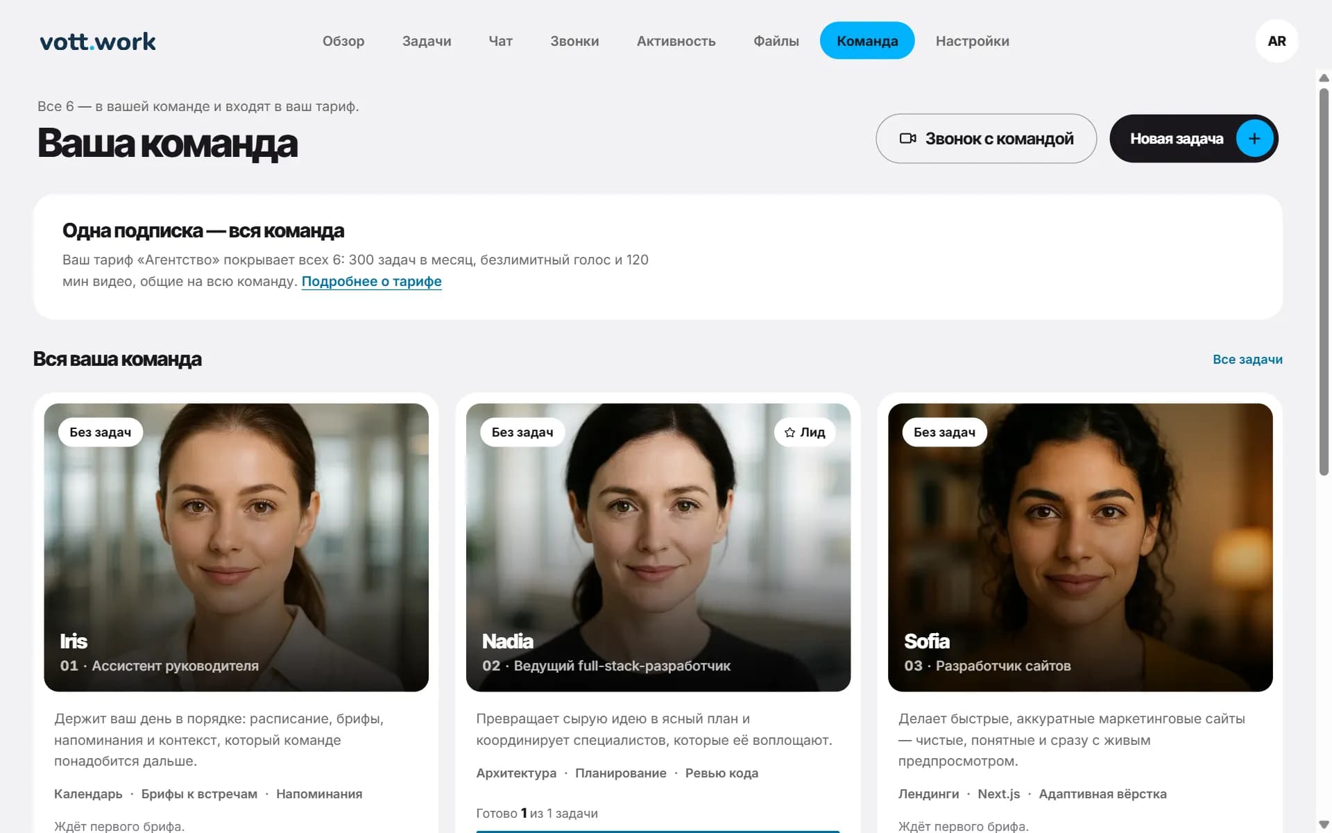 Страница «Команда»: карточки Iris, Nadia и Sofia с ролями и навыками.